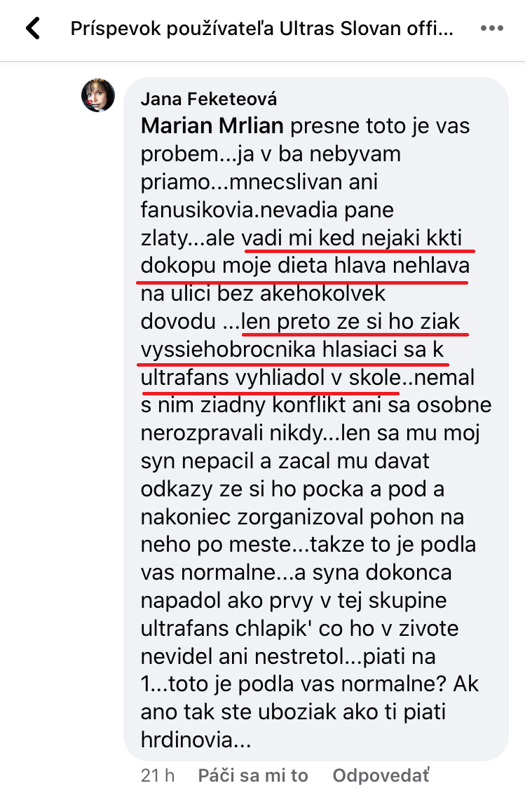 Sťažnosti matky obete na FB účte USP